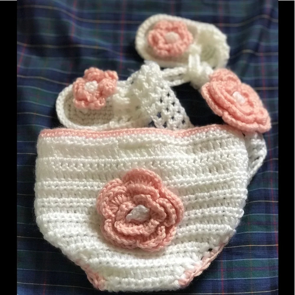 3 Piece Baby Crochet Diaper Cover,Headband,Booties